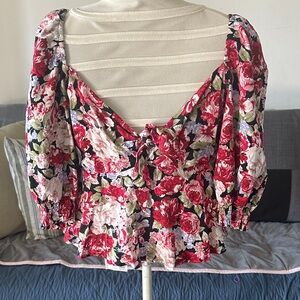 MINKPINK Red and Pink Floral Blouse with Puff Sleeves